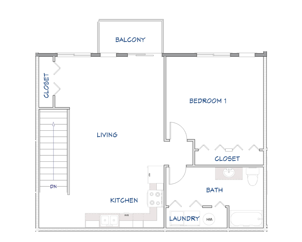 1 bedroom upper unit floor plan at Greenfield Estates