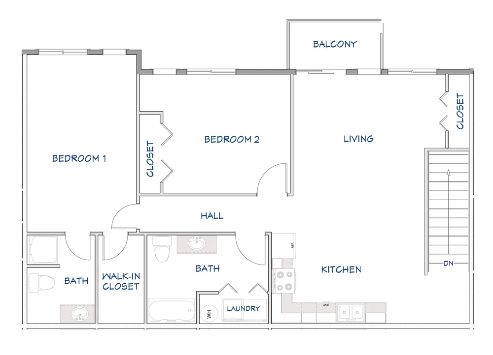 2 bedroom upper unit B floor plan at Greenfield Estates