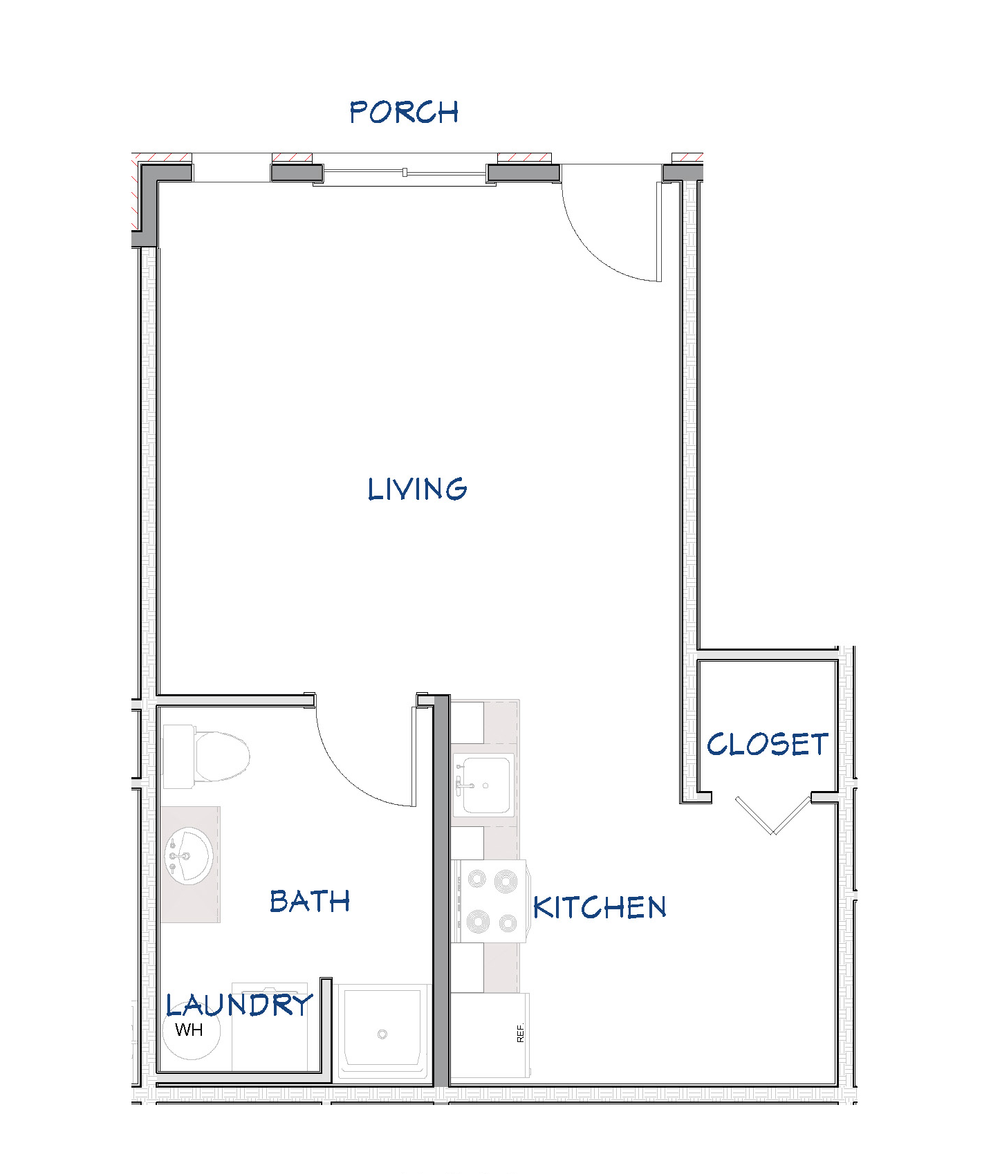 Studio lower unit layout B floor plan at Greenfield Estates